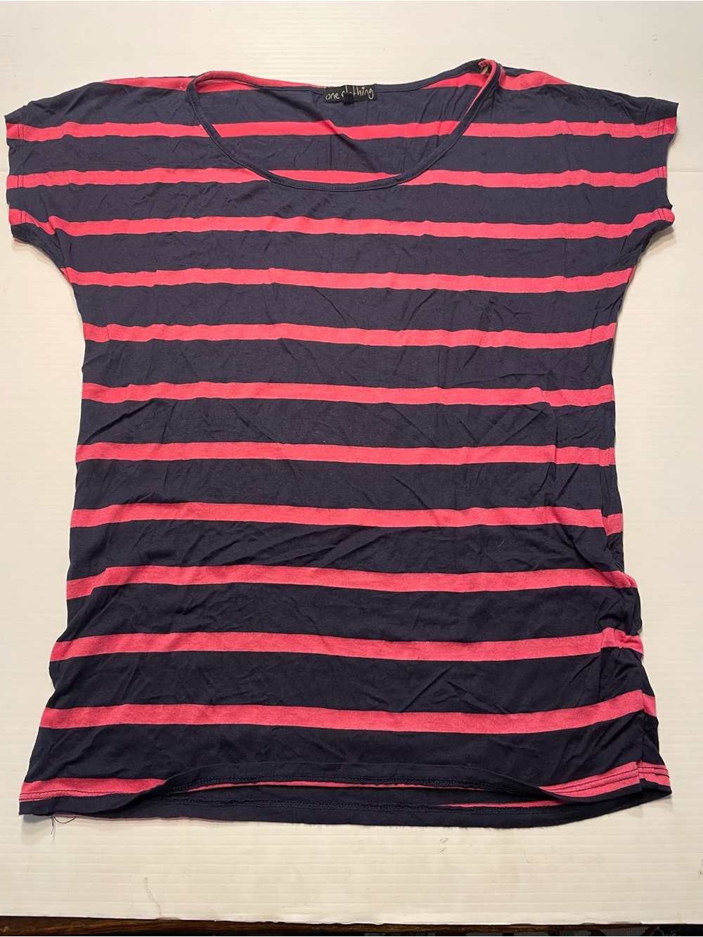 One Clothing Navy Pink Striped Top Cap Sleeves Women Sz L Preppy Y2K